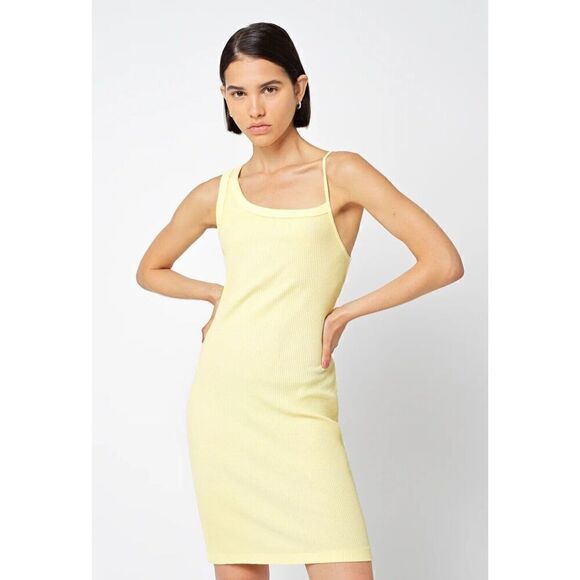 NWT JOHN ELLIOTT Pollen Yellow Cotton Rib Asymmetrical Cami Dress, Size 2 Medium - Picture 1 of 8
